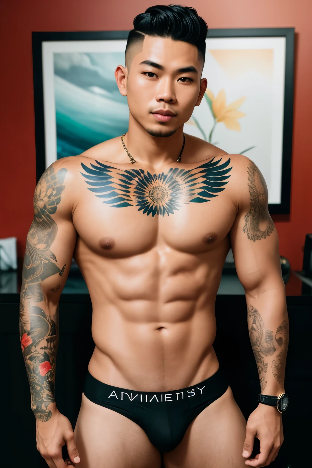 Photo of an attractive Indonesian man with a low fade hairstyle, showcasing his full body and vibrant skin. His face is captivating, exuding charm and confidence. The man's body is perfectly proportioned, adorned with intricate tattoos that enhance his unique style. This 8K image is a masterpiece of real art, created using advanced AI technology to ensure impeccable realism. It serves as a stunning wallpaper, with its high-resolution and detailed drawing. The colors are enhanced to their fullest potential, delivering a breathtaking 4K and 8K experience. The image has undergone meticulous color grading, achieving a cool-toned and bright aesthetic. Taken from a high-angle shot, it captures the man's entire body, while the shallow depth of field adds a touch of
