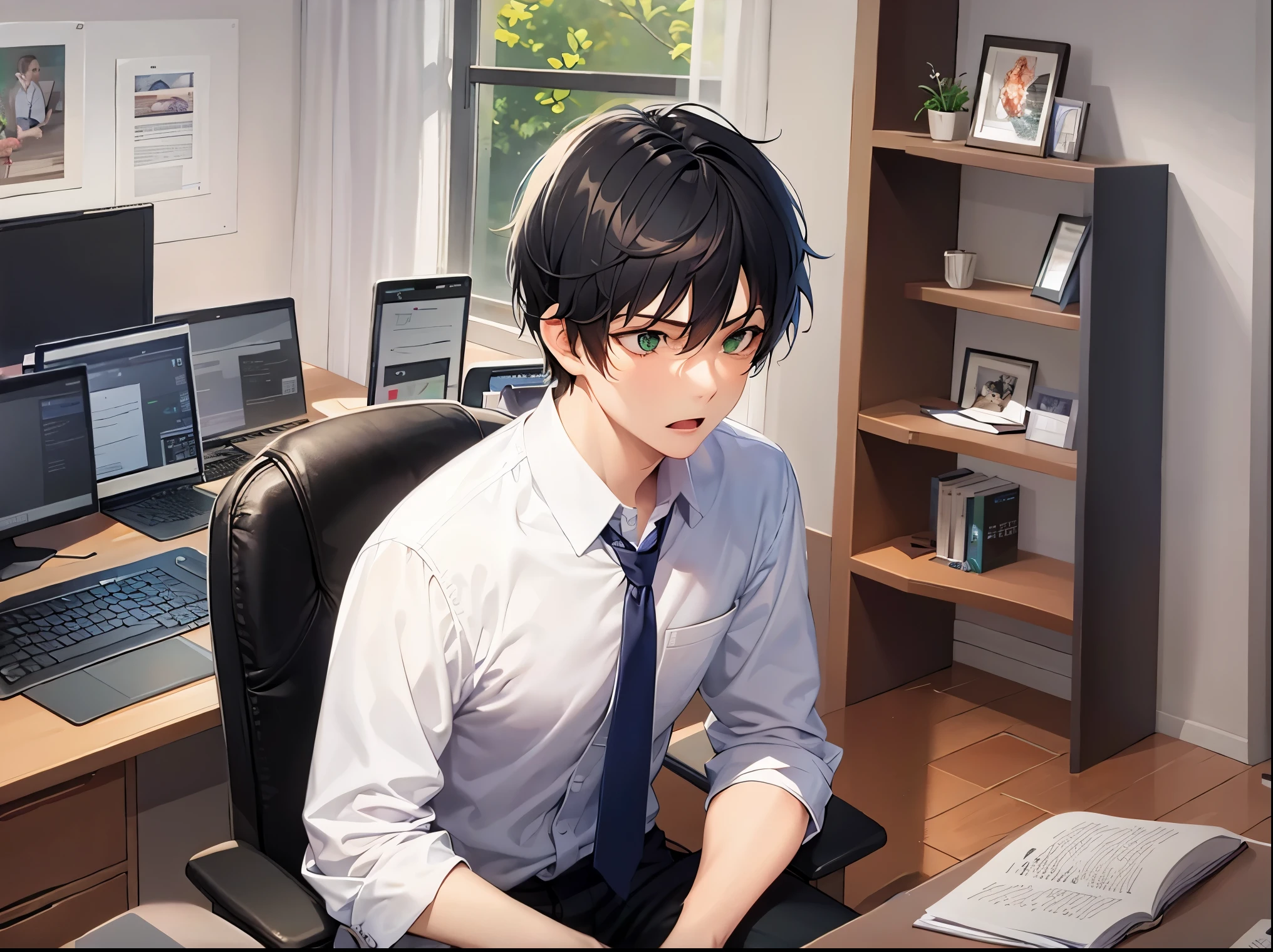 The background is an office、shelf、wall