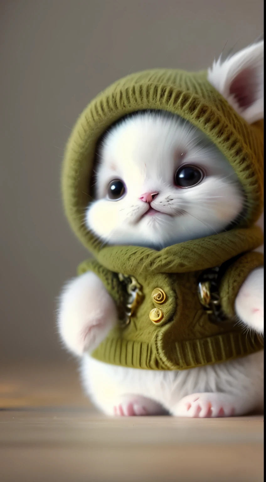 kitten in clothes， miniature kitten， Animal focus， bearded， realistic， POV Hand， ambiguous background，smile，interesting、