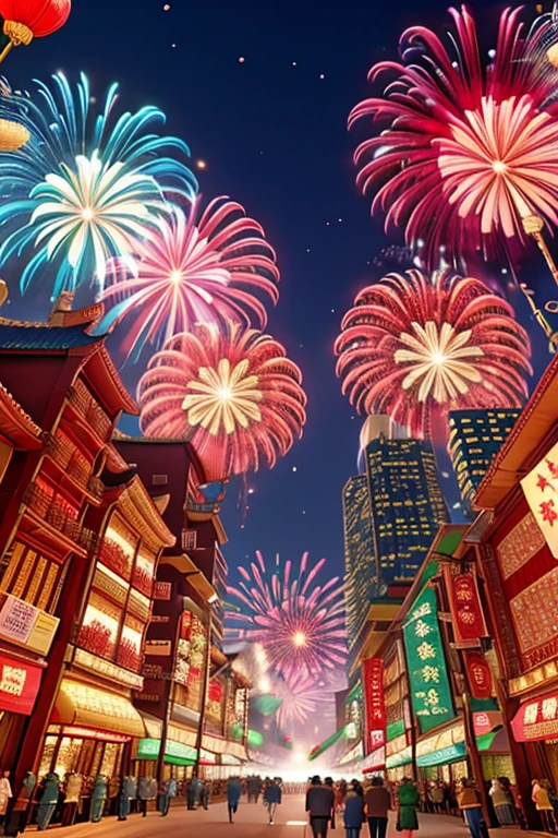 Chinese New Year、festive、fireworks、很多的fireworks，festive的气氛，city street