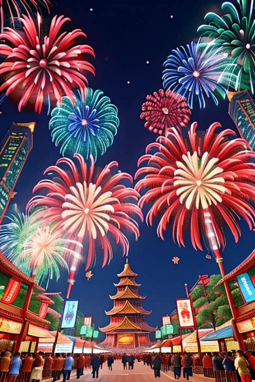 Chinese New Year、festive、fireworks、很多的fireworks，festive的气氛，city street