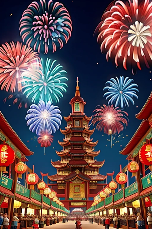 Chinese New Year、festive、fireworks、很多的fireworks,festive的气氛,city street