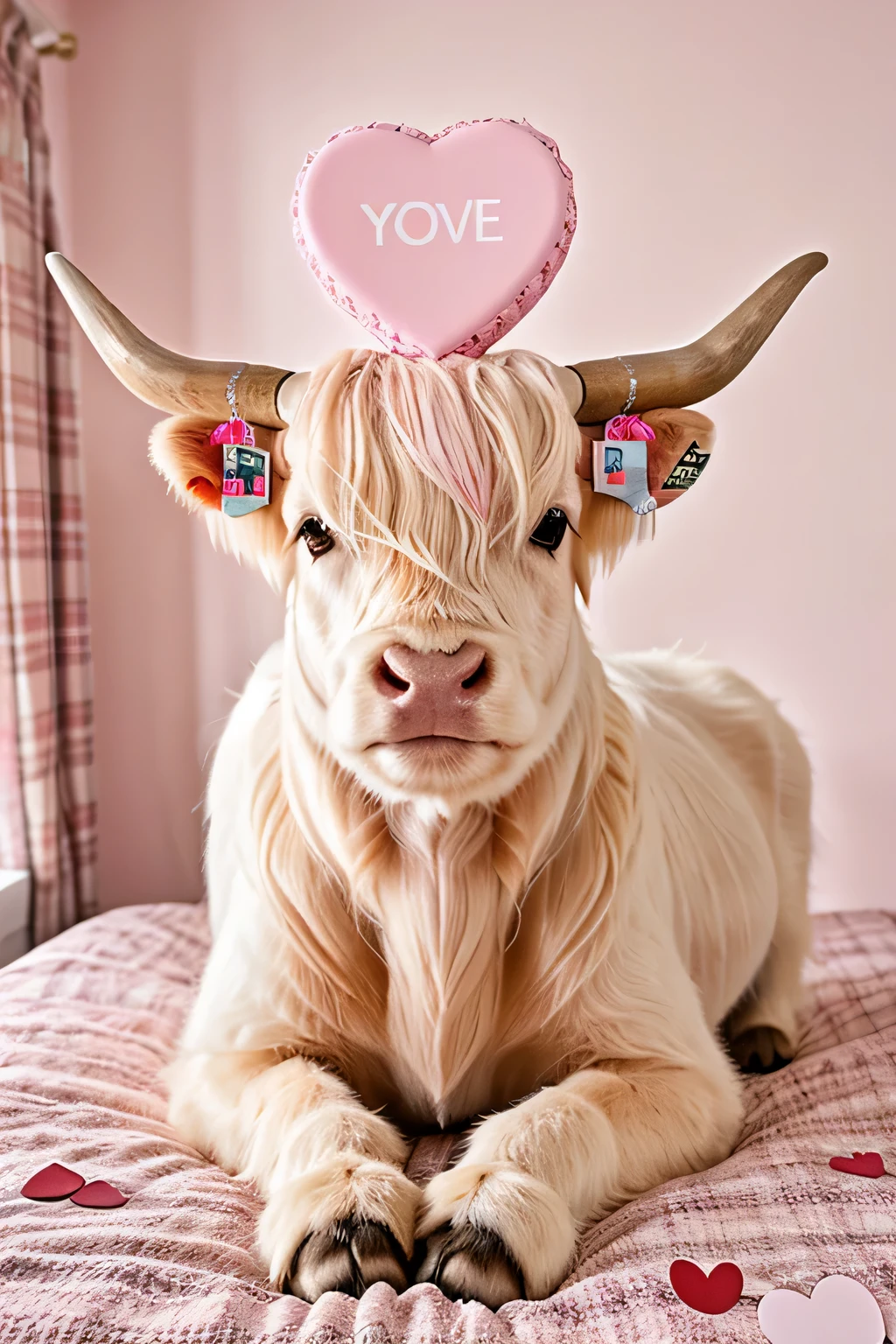 pastel highland cow facing the camera with valentines day paraphernalia in background