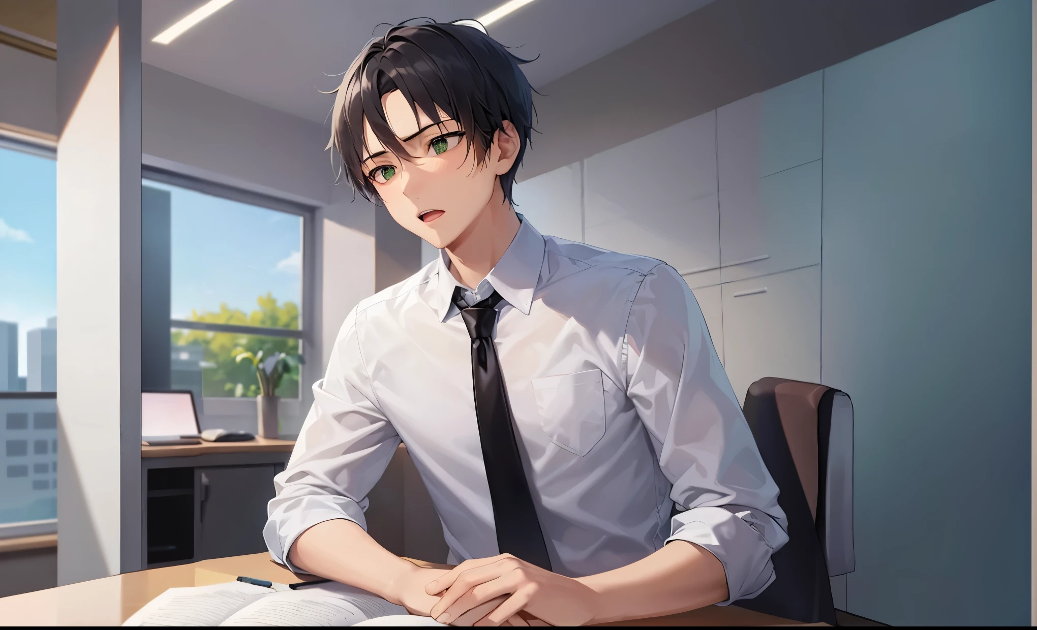 The background is an office、window、desk、wall、ceiling