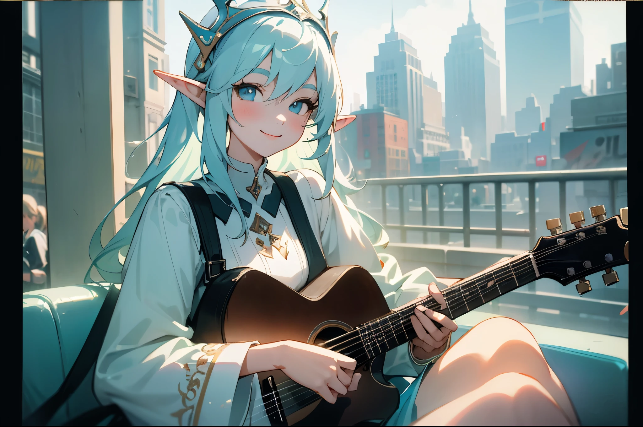 polaroid photograph, masterpiece, best quality, 1 girl, Cloud Elf Queen performs on the streets of New York, casual, sitting, Play the guitar, film grain, soft light, Smile,poster,epic,