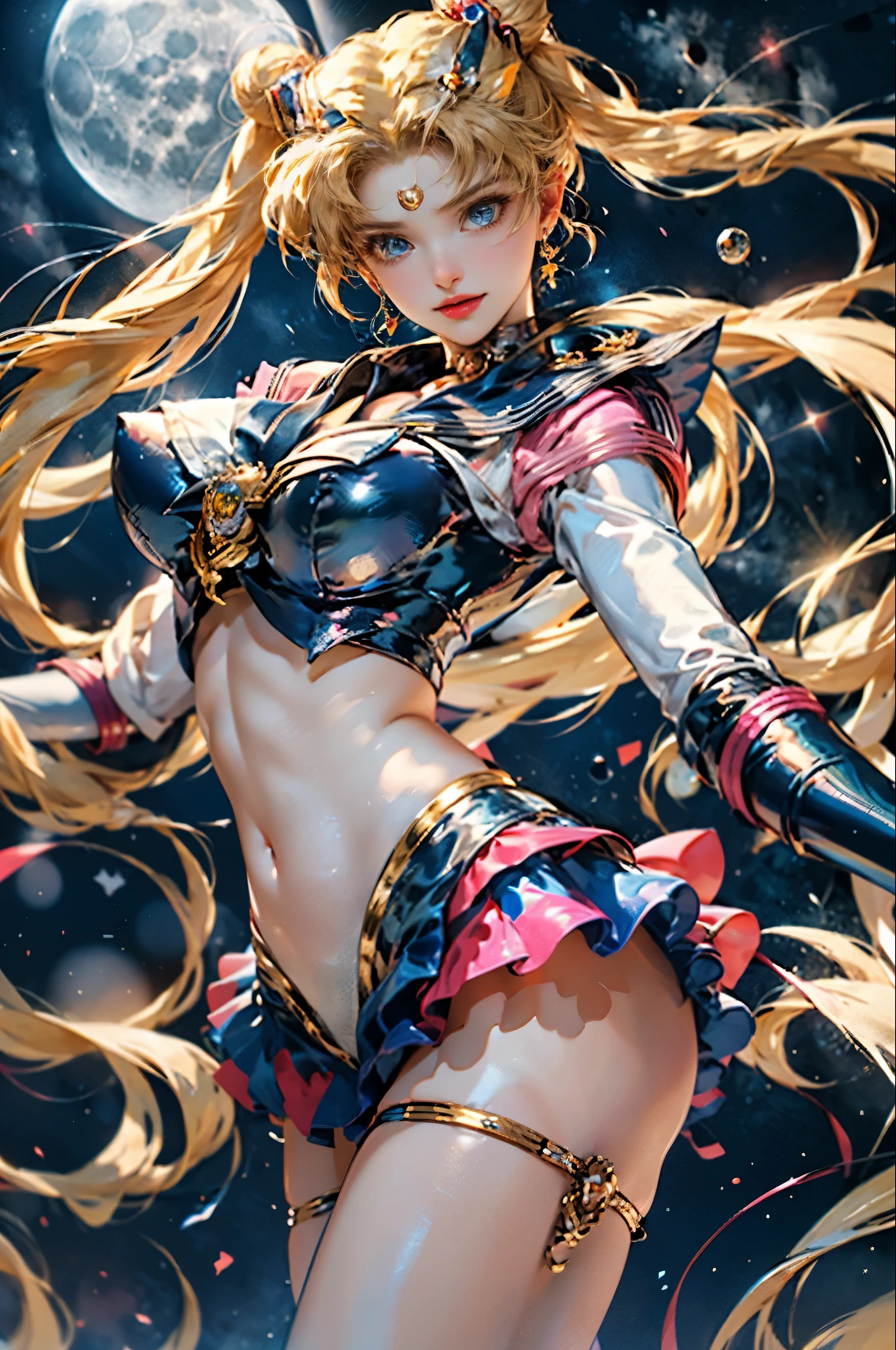 masterpiece, full: 1.3, stand, 8k, 3D, actual, Ultra-micro shooting, top quality, Extreme Detail CG Unity 8k Wallpaper, from below, intricate details, (1 female), 18 years old, (Sailor Moon supersailormoon mer1, crown, Sailor Soldier Sailor Suit: 1.2, Sailor Moon: 1.2), Incredibly long bright twin tail blonde, thin and very long straight twin-tailed blonde, bun, red round hair ornament in a bun, sailor suit warrior, (Blue collar, Blue sailor collar, Blue pre-gate miniskirt: 1.3, There is a big red bow on the chest: 1.3, Long white latex gloves: 1.3, Wear red gloves on your elbows, There is a big red bow on the back of the waist: 1.1, Cleavage looks huge, golden headdress, earrings), (facial details: 1.5, bright blue eyes, pretty face, beautiful eyes, shining eyes, thin lips: 1.5, thin and sharp pale eyebrows, long, black eyelashes, Double lashes), luxury gold jewelry, thin, thin and muscular, small face, big breasts, Perfect proportion, thin waist, sexy model pose, Visible pores, seduct smile, perfect hands: 1.5, high leg swimsuit, very thin and fit high-gloss white holographic leather, octane rendering, Very dramatic image, Intense natural light, Sunlight, Exquisite light and shadow, dynamic angle, SLR camera, sharp focus: 1.0, Maximum clarity and sharpness, (space background, moonlight, moon, dynamic background, Detailed background)