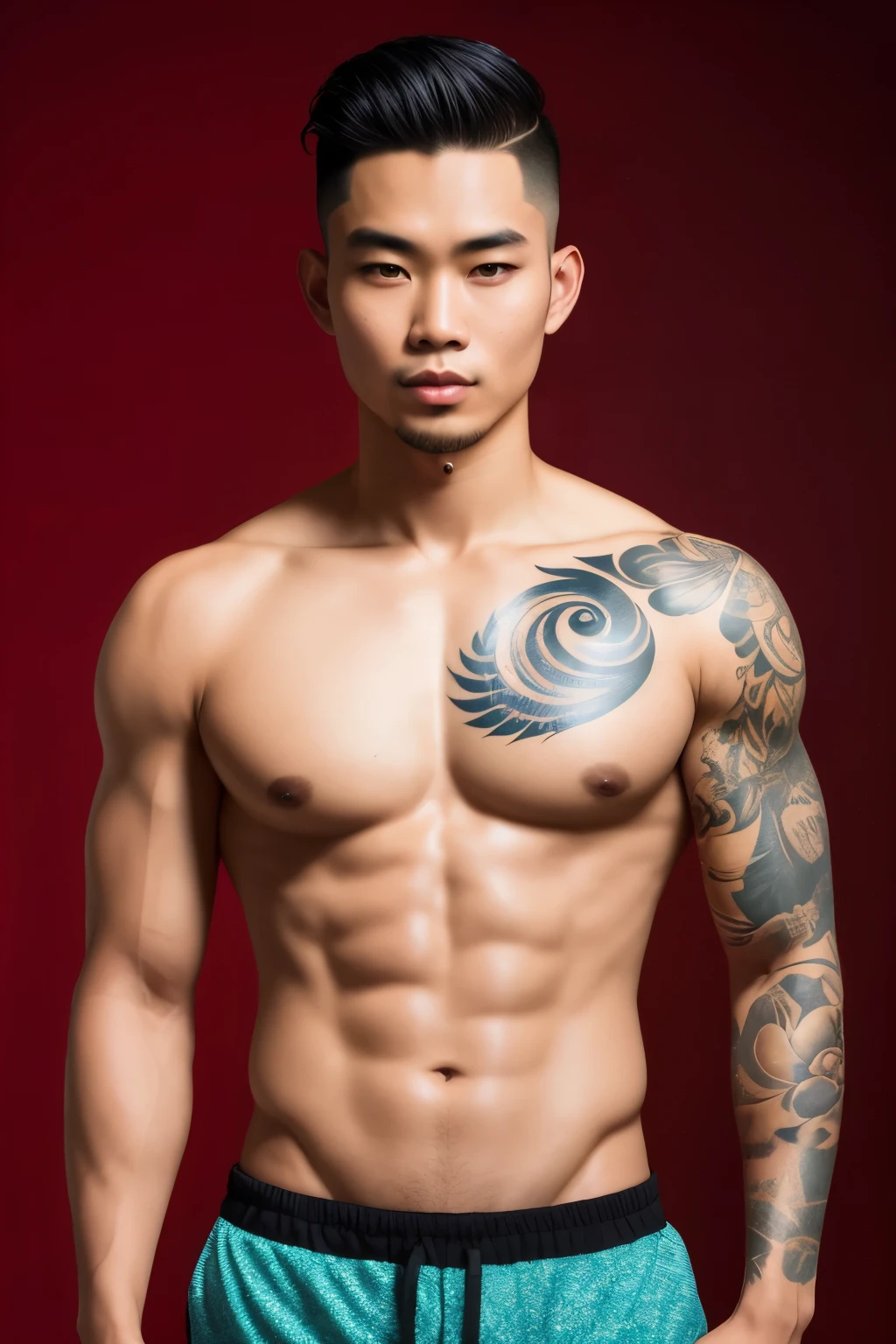 Photo of an attractive Indonesian man with a low fade hairstyle, showcasing his full body and vibrant skin. His face is captivating, exuding charm and confidence. The man's body is perfectly proportioned, adorned with intricate tattoos that enhance his unique style. This 8K image is a masterpiece of real art, created using advanced AI technology to ensure impeccable realism. It serves as a stunning wallpaper, with its high-resolution and detailed drawing. The colors are enhanced to their fullest potential, delivering a breathtaking 4K and 8K experience. The image has undergone meticulous color grading, achieving a cool-toned and bright aesthetic. Taken from a high-angle shot, it captures the man's entire body, while the shallow depth of field adds a touch of