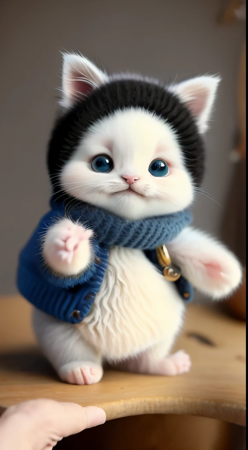 kitten in clothes， miniature kitten， Animal focus， bearded， realistic， POV Hand， ambiguous background，smile，interesting、