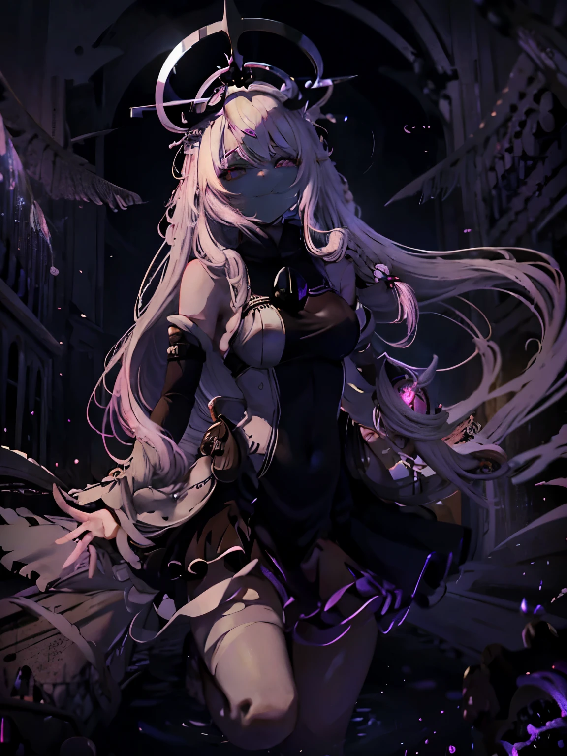 white hair pink eyes　beautiful girl　Dark world　smile　scared　very long hair　darkファンタジー religion画風　religion　cross　monk　halo　prayer　Inside the white church　Alone　Composition looking up from below