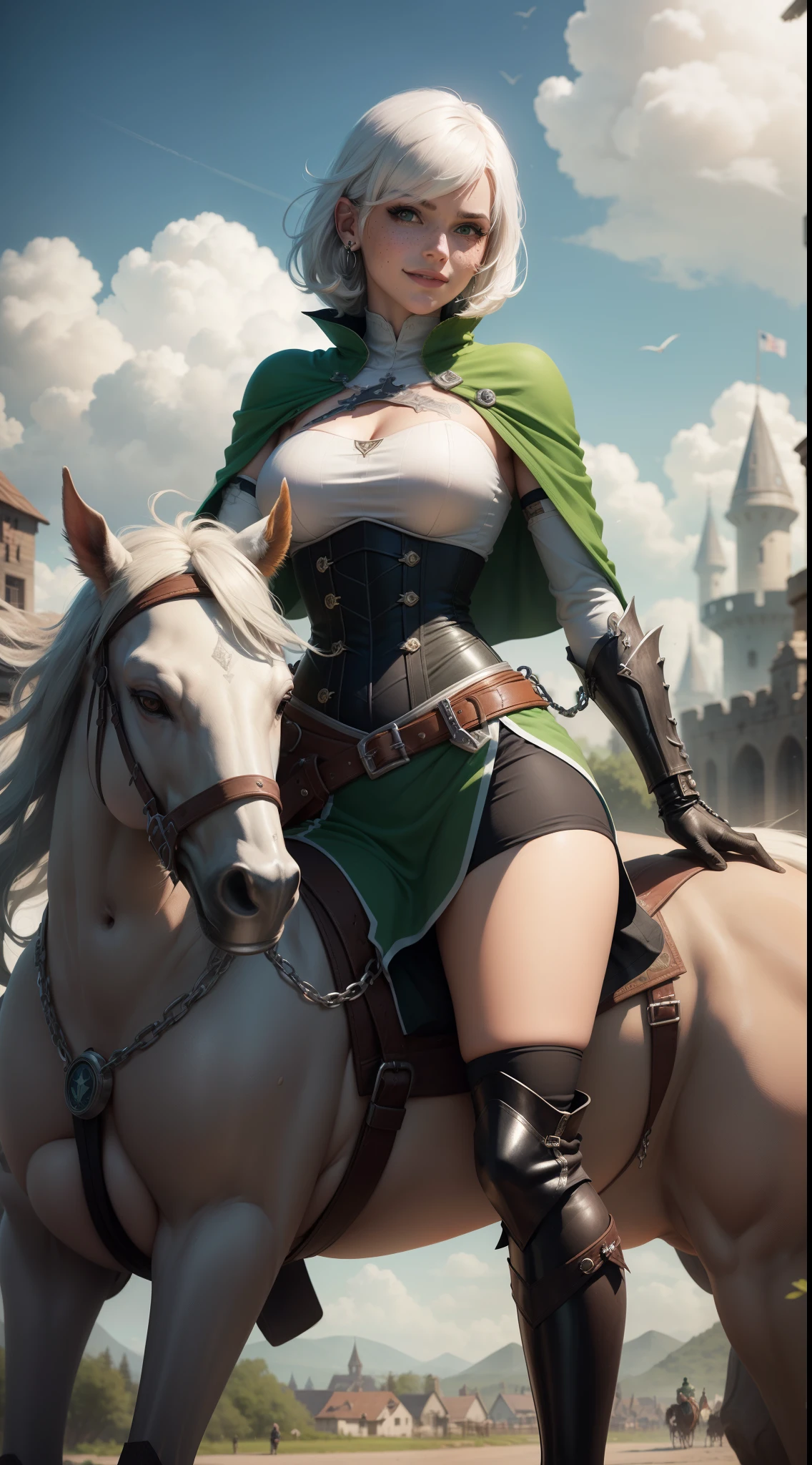 gwen tennyson,yorha 2b,tracer,y'shtola rhul,lord of the rings,warcraft,close up,rohan,minas tirith,tattoos,white and dark green plugsuit,steel rohan knight armor top,green rohan knight cape,full chainmail armor,chainmail skirt, rohan maiden corset,short hair,punk makeup,green eyes,multicolored silver hair,steel gloves,sexy smile,freckles,beautiful girl,knee high steel boots,large breasts,8k,ultra detailed,realistic,fantasy art,rohan uniform,hair pin,ear piercings,(weather:windy),1girl,wooden spear,riding a horse,green rohan flag,
