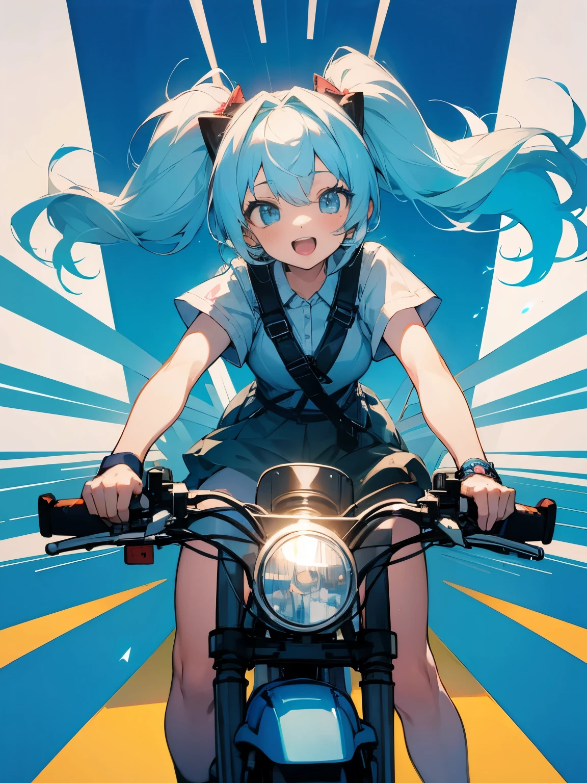 Amusement park A girl enjoying a ride, twin tails, light blue hair