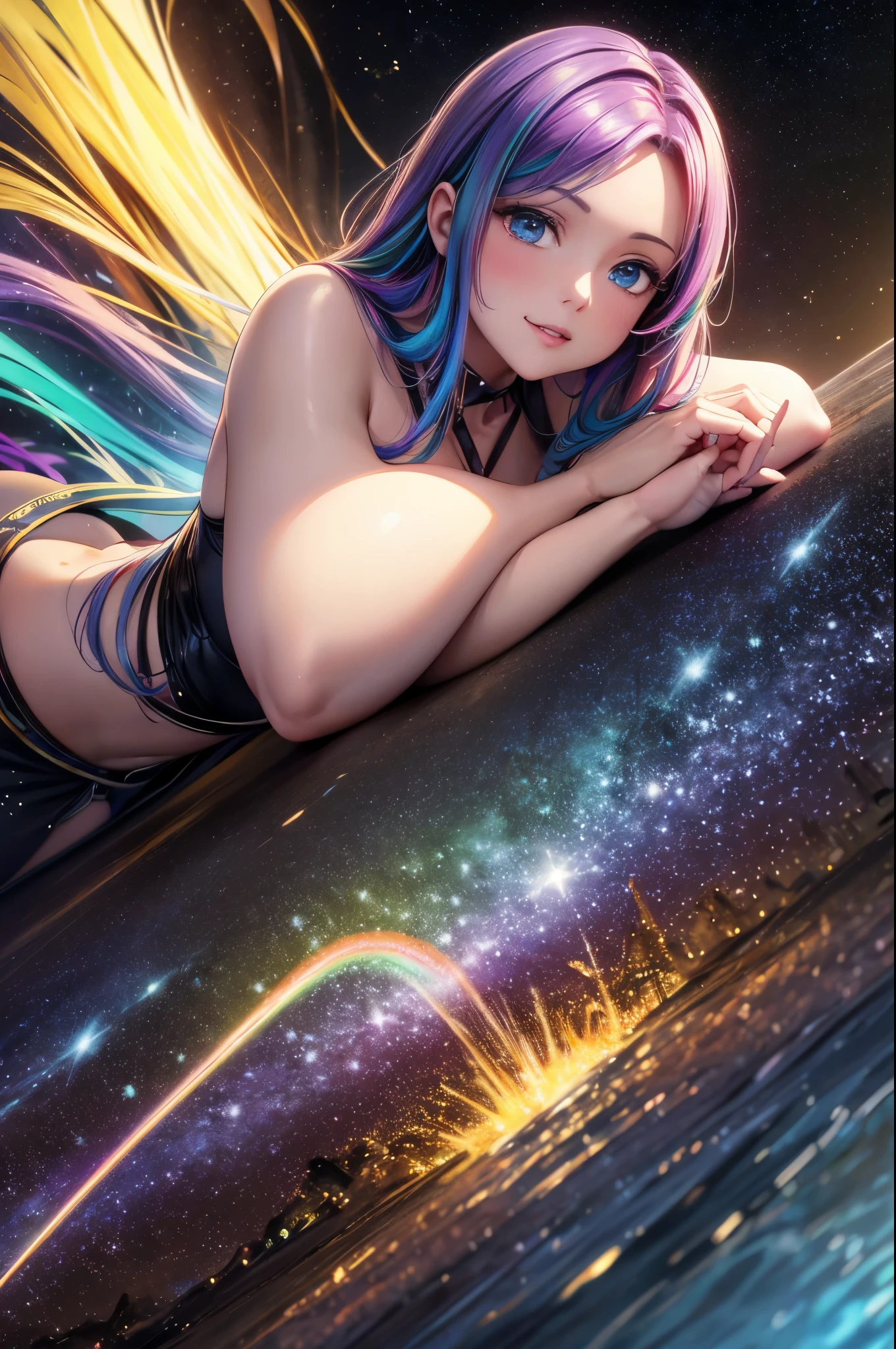 high detail, super detaill, extra high resolution, upper half body, Girl enjoying time in the galaxy of dreams, The Bottom of a Barren Planet, Like a desert, Surrounded by stars, A warm glow splashed on her, The background is a starry sky with multi-colored galaxies and galactic clouds, the stars, flying around her, gentle face, Add a playful vibe ,naked ass