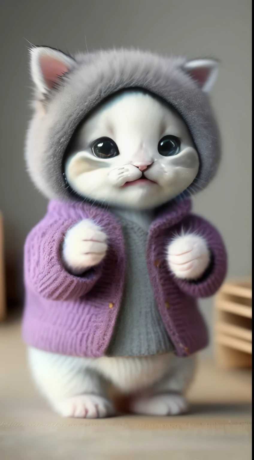 kitten in clothes， miniature kitten， Animal focus， bearded， realistic， POV Hand， ambiguous background，smile，interesting、