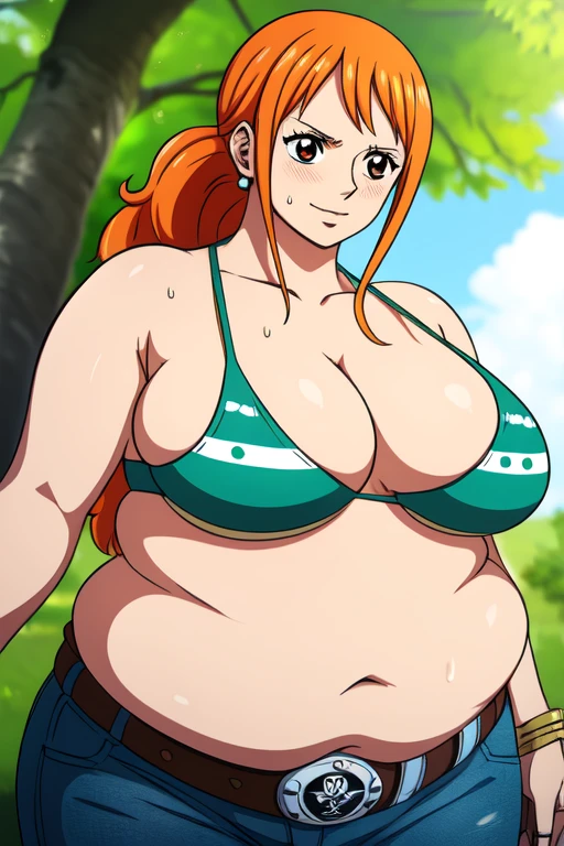 Nami from One Piece, long orange ponytail hair, happy expression, blushing cheeks, ((( massive plump belly))), thick plump thighs, naval , The art style should resemble a captivating anime style. The character is , adult woman, wavy wide streaked bangs, floating bang streaks, (big cheeks), bare shoulders, off-shoulders, belt, bikini, bikini top only, blue sky, bracelet, springy breasts, breast lines, big round eyes, plain big brown shiny eyes, bubbles, high eye position, cleavage, cloud, day, denim, earrings, floating hair, shiny hair, green belt, green bikini, bold groin lines, jeans, jewelry, large breasts, log pose, long hair, looking at viewer, navel, wet hair, orange hair, pants, shoulder tattoo, sidelocks, sky, solo, standing, swimsuit, tattoo , looking at viewer, detailed left arm, small head, wide hair, lustful smile, embarrassed
For the image quality, please prioritize (best quality, 4k, 8k, highres, masterpiece:1.2), ultra-detailed, and (realistic, photorealistic, photo-realistic:1.37) rendering. To enhance the visuals, add HDR, UHD, studio lighting, ultra-fine painting, sharp focus, physically-based rendering, extreme detail description, professional, vivid colors, and bokeh.