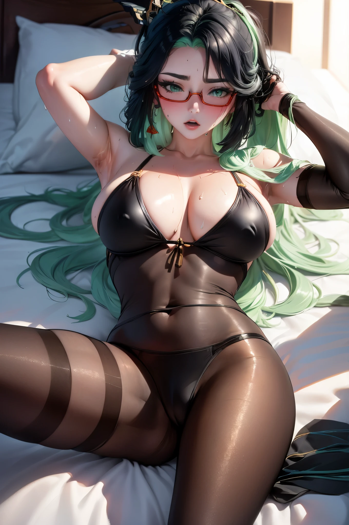 UHD, ccurate, masterpiece, anatomically correct, textured skin, super detail, best quality, 16k, 1080P,SOLO,(1 Female,perfect body, green hair,ponytail, long hairred eyewear),(wearing A loose see-through bikini:1.7),(Black Silk Stockings:1.7),(Spreading her legs as wide as possible:1.9)(Legs lift),(Lying flat on the bed:1.7)(The Chinese Classic Bedroom),(sweating skin:1.7),(hands behind her head:1.7)