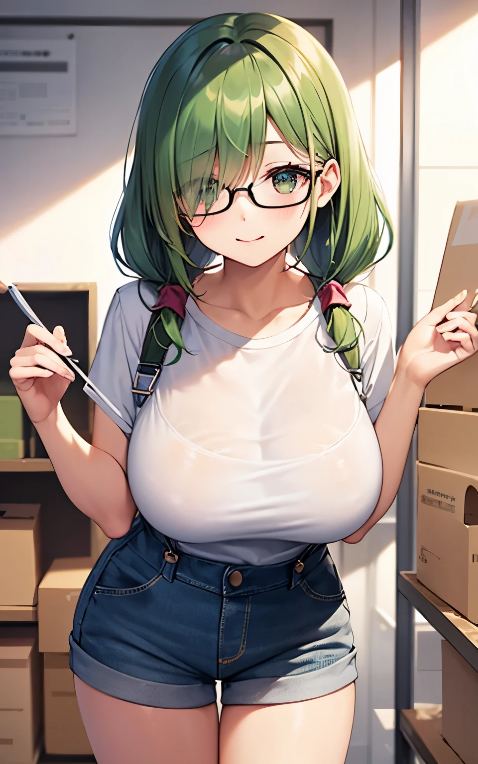 corner of warehouse、beautiful girl wearing glasses、drooping eyes、big breasts、One eye is hidden by hair、low twintails、green hair、Wearing overalls、white t-shirt、standing position、prefab wall、