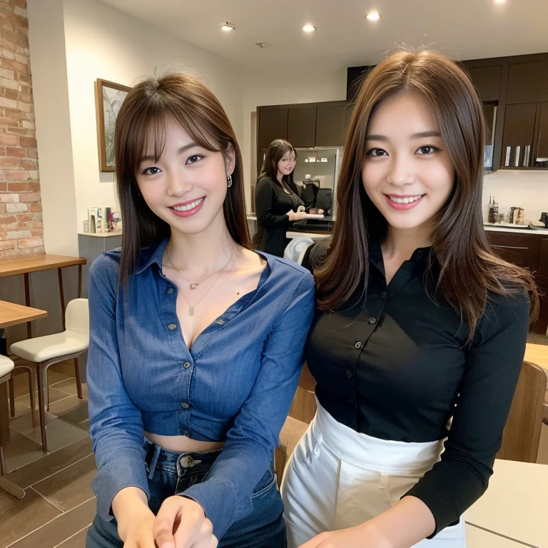 ((Realistic lighting, Best quality, 8K, Masterpiece: 1.3)), Clear focus: 1.2, 2girls, one blonde, Perfect beauty: 1.4, Big breasts: 1.2, Slim abs: 1.1, ((dark brown hair)), (blue shirt white jeans), (indoor), night: 1.1), cafe, Super fine face, fine eyes, Double eyelids, both smiling