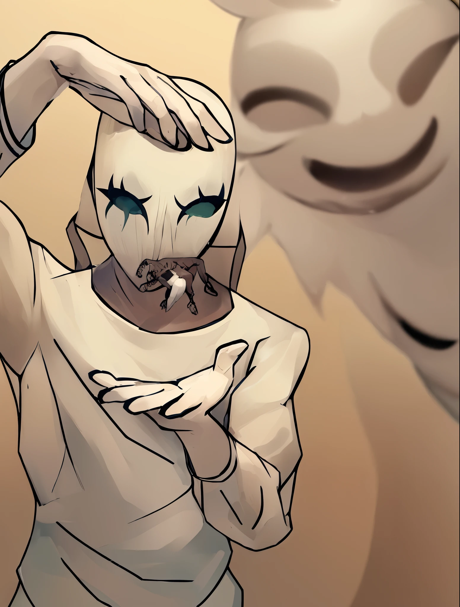 tem o desenho de uma pessoa segura uma mini pessoa flutuante, sem olhos, arte de linha intensa, sem olhos watcher, repugnante pose, holding hands up to face, SCP 3008, scp 173, pose sinistra, contornos escuros, repugnante!!, foto de scp-173, Falta de vida, pose assustadora, SCP-049