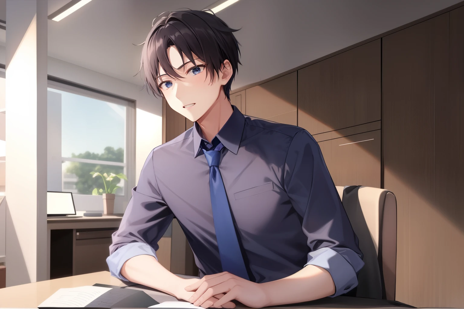 Wearing a dark blue tie、Wearing dark blue clothes