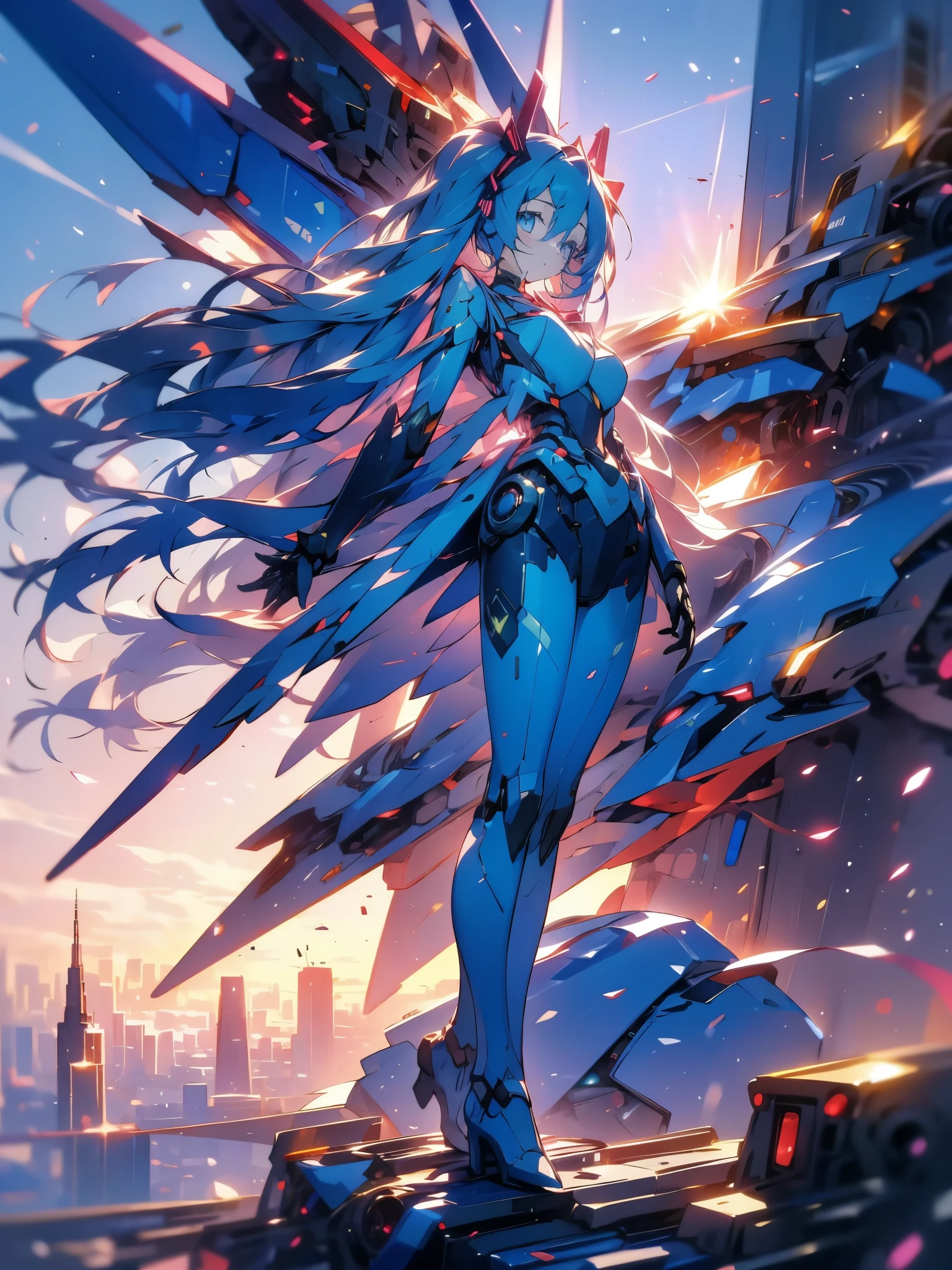 girl,Hatsune Miku,blue hair,Mecha,Gundam,City,sunset,end of the world,Oxygen mask