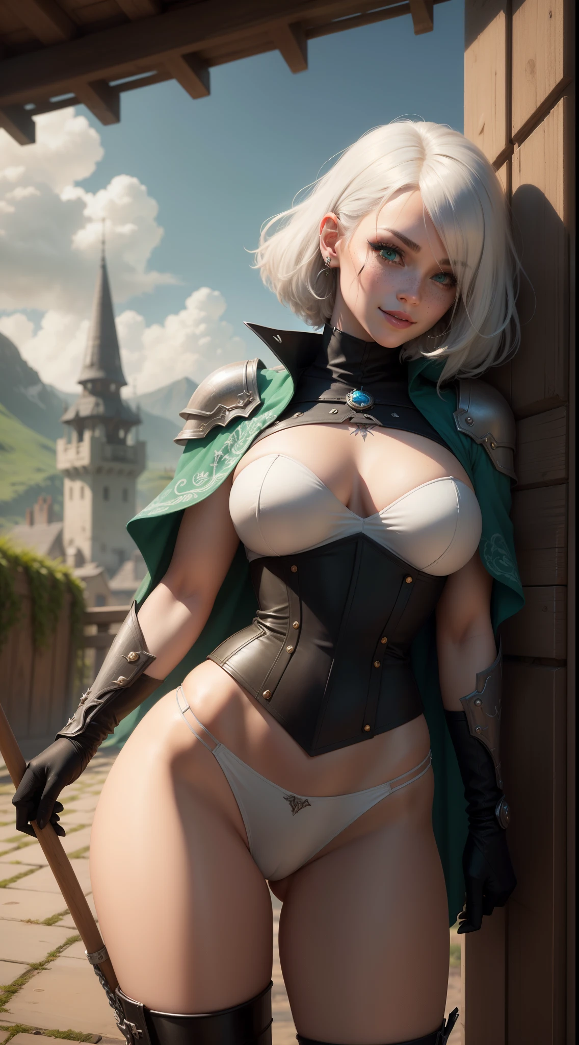 gwen tennyson,yorha 2b,tracer,y'shtola rhul,lord of the rings,warcraft,close up,rohan,minas tirith,tattoos,white and dark green plugsuit,steel rohan raider armor top,green rohan raider cape,full chainmail armor,chainmail skirt, rohan maiden corset,short hair,punk makeup,green eyes,multicolored silver hair,steel gloves,sexy smile,freckles,beautiful girl,knee high steel boots,large breasts,8k,ultra detailed,realistic,fantasy art,rohan uniform,hair pin,ear piercings,(weather:windy),1girl,wooden spear,horse stable,green rohan flag,