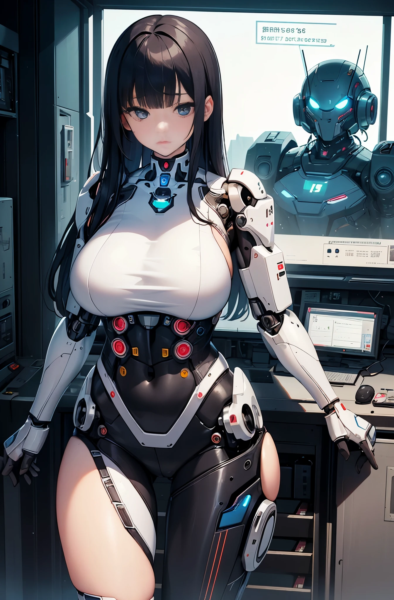 masterpiece, best quality,Japaese Cyborg Girl,Plump , announcer,control panels,android,Droid,Mechanical Hand, ,clothes with a sense of mechanical technology, Robot arms and legs, Black Robot Parts,Black hair,Mechanical body,Blunt bangs,White abdomen,White robotics parts,tube dress,perfect robot woman,perfect android woman, perfect mechanical woman,future laboratory,android factory,cyborg factory,robot factory,cyber pank,charging spot,long tube,thick cable connected her neck,bowing,maintainance her,repaired her,full eyes,dark black tights,a bit chubby