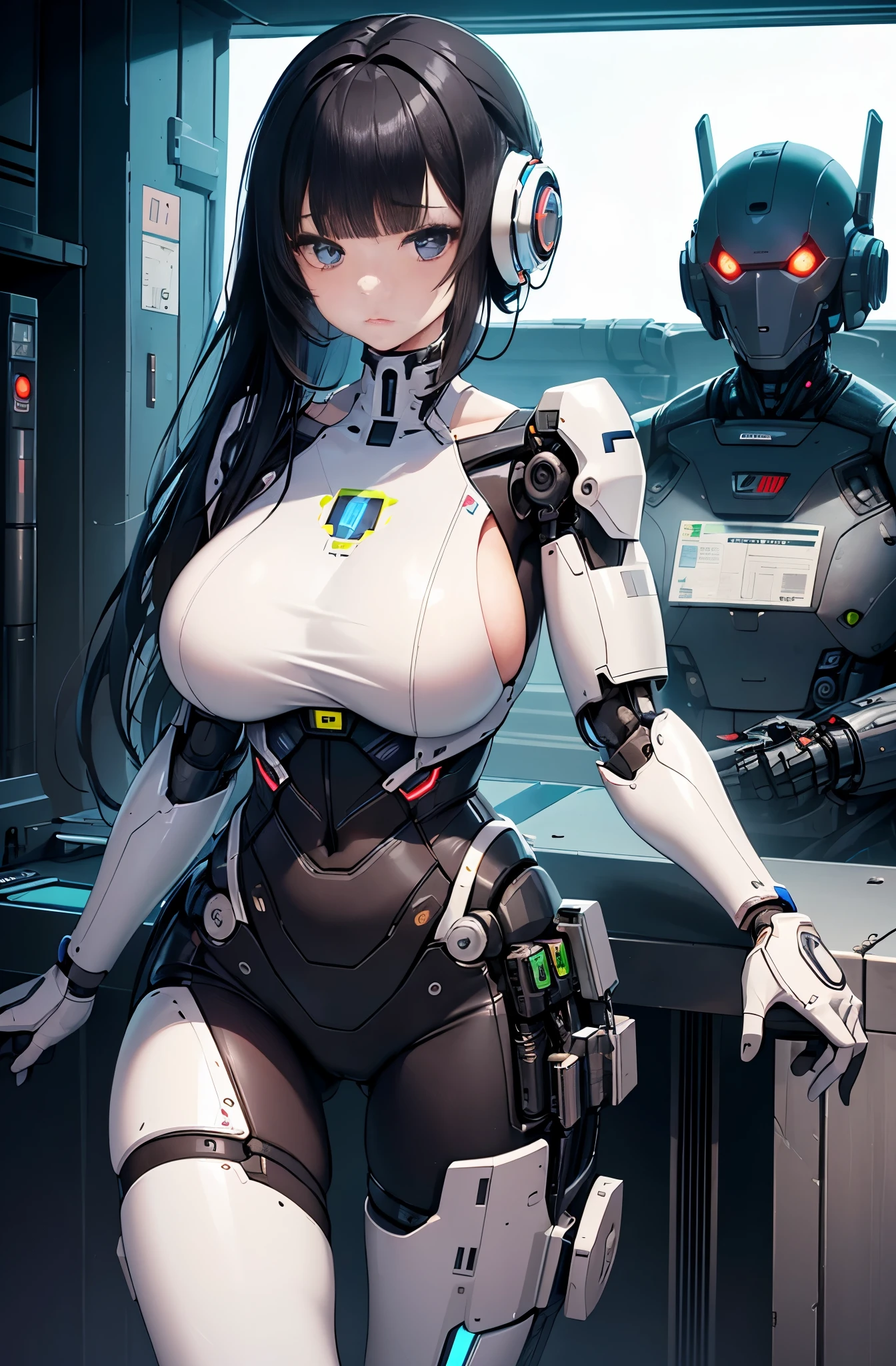 masterpiece, best quality,Japaese Cyborg Girl,Plump , announcer,control panels,android,Droid,Mechanical Hand, ,clothes with a sense of mechanical technology, Robot arms and legs, Black Robot Parts,Black hair,Mechanical body,Blunt bangs,White abdomen,White robotics parts,tube dress,perfect robot woman,perfect android woman, perfect mechanical woman,future laboratory,android factory,cyborg factory,robot factory,cyber pank,charging spot,long tube,thick cable connected her neck,bowing,maintainance her,repaired her,full eyes,dark black tights,a bit chubby