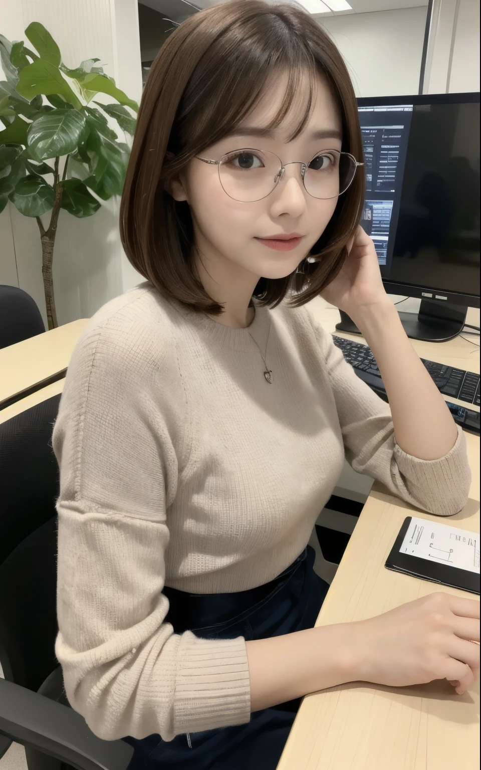 realistic、highest quality、1 girl、chestnut hair,short hair,saliva、,professional lighting、On the wrap、Being in the company、OL、Office Casual、Foliage plant、machine、computer、document、accessories、Glasses with thin silver rimmed、sit cross-legged、