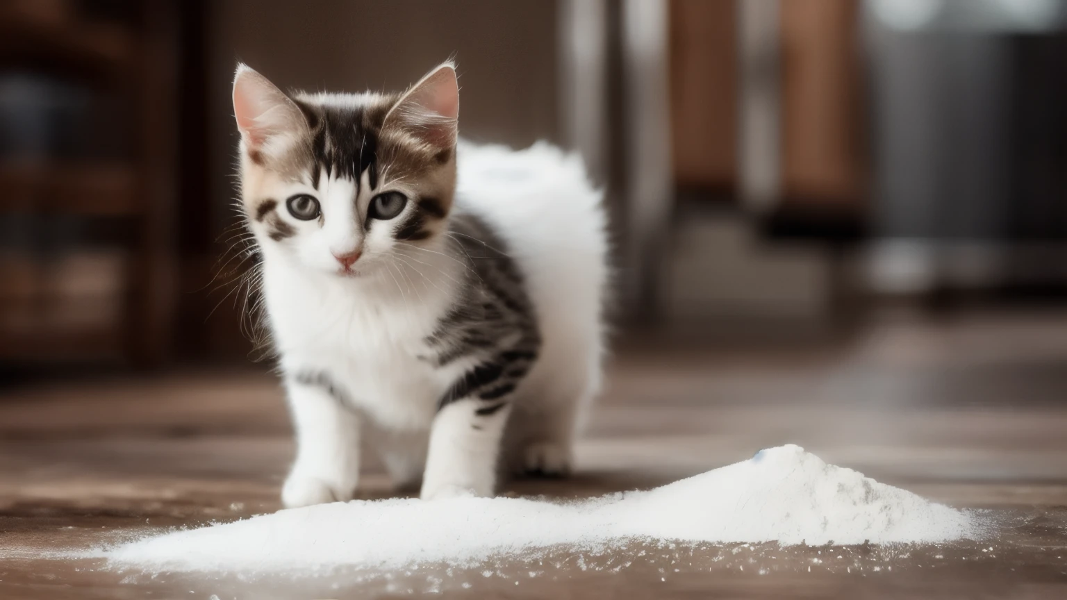 hyper ultra realistic photographs full body of A mischievous kitten raids the kitchen, leaving a trail of flour and spilled ingredients in his wake. He emerges from the chaos, his face dusted white like a baker's, a whisk stuck to his forehead, and a mischievous grin on his whiskered face. ratio 16:9, 4k, 8k resolution, High quality photo, high detailed, imagesharp focus, Cinematic lighting,hyperdetailed & Unreal engine, detail, realism, photography,cinematography, camera NIKON, lens NIKKOR flagship, masterpiece. hyper-maximalism, ultradetailed photorealistic, light skin imperfections, final render, vray, photo, fashion