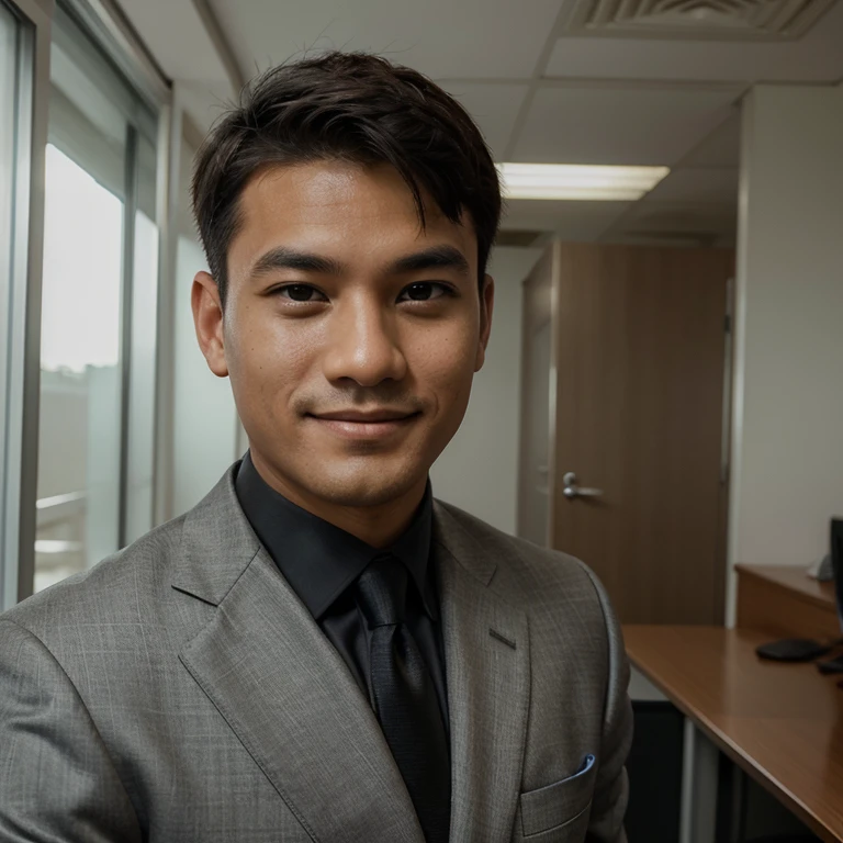 Man, Office, profile pic, suit, look at the camera, smile, neat haircut, Malaysia, facing the camera, full pic, formal pic