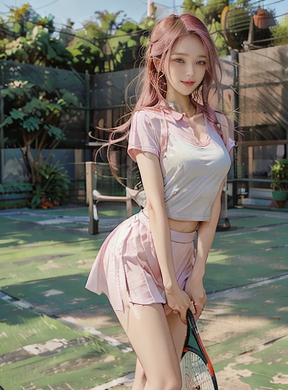 ((Wide Shot Photography, highest quality, High resolution, perfect pixel, 4K))), 1 girl, single, alone, beautiful woman、I could see the whole body、 ((Ultra Long Hair、wavy hair, bangs divided into left and right, ((passion pink hair)))), ((brown eyes, big eyes、beautiful eyelashes, realistic eyes)), ((detailed face, blush:1.2)), ((smooth texture:0.75, realistic texture:0.65, realistic:1.1, Anime CG style)), medium breasts, dynamic angle, perfect body, (tennis wear, Shirts with short sleeve collar、pleated skirt), I can see your chest、(No bra、see through nipples、small nipples with pointed points,)、Tennis court、daytime、stick out your butt、sexy pose、Very embarrassing panic smile、、Belly button look、tennis ball、(blush:1.4)、(cute tattoo)、Holding the grip of a large tennis racket、