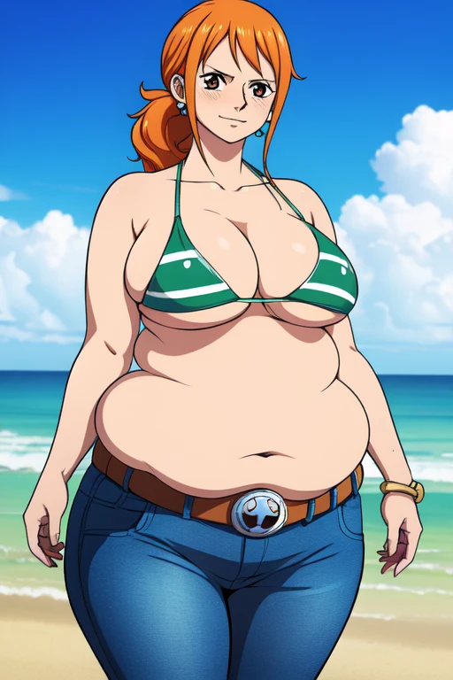 Nami from One Piece, long orange ponytail hair, happy expression, blushing cheeks, ((( massive plump belly))), thick plump thighs, naval , The art style should resemble a captivating anime style. The character is , adult woman, wavy wide streaked bangs, floating bang streaks, (big cheeks), bare shoulders, off-shoulders, belt, bikini, bikini top only, blue sky, bracelet, springy breasts, breast lines, big round eyes, plain big brown shiny eyes, bubbles, high eye position, cleavage, cloud, day, denim, earrings, floating hair, shiny hair, green belt, green bikini, bold groin lines, jeans, jewelry, large breasts, log pose, long hair, looking at viewer, navel, wet hair, orange hair, pants, shoulder tattoo, sidelocks, sky, solo, standing, swimsuit, tattoo , looking at viewer, detailed left arm, small head, wide hair, lustful smile, embarrassed
For the image quality, please prioritize (best quality, 4k, 8k, highres, masterpiece:1.2), ultra-detailed, and (realistic, photorealistic, photo-realistic:1.37) rendering. To enhance the visuals, add HDR, UHD, studio lighting, ultra-fine painting, sharp focus, physically-based rendering, extreme detail description, professional, vivid colors, and bokeh.