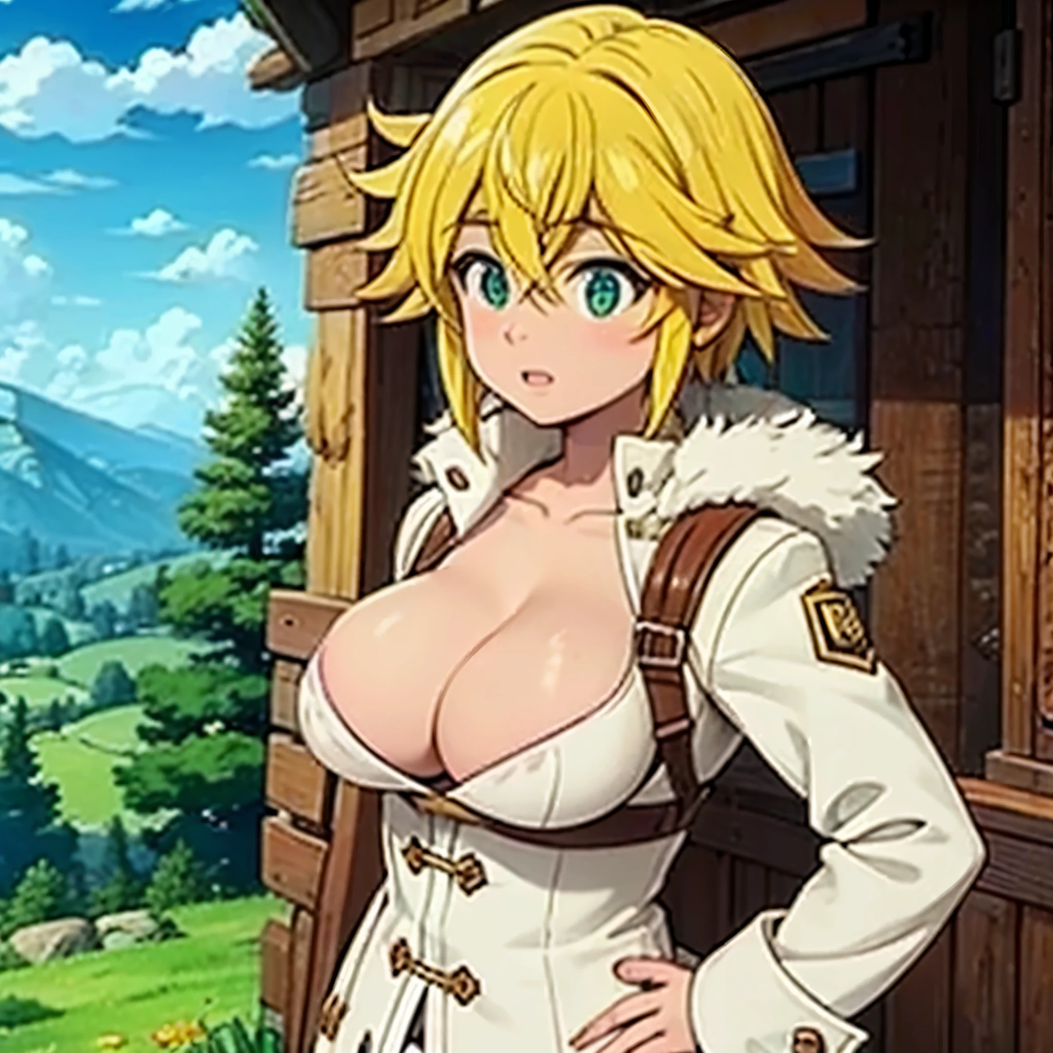 Meliodas in the female version with medium breasts wore a white coat with fur around the collar of the coat. 