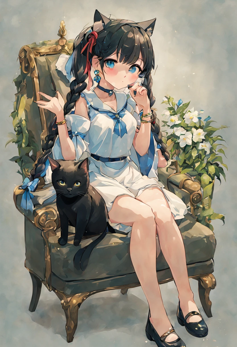 1 girl, catwoman, cat ears, cat tail, Anal tail, sitting, Chair, side ponytail, One side facing up, skirt, white skirt, flower, black hair, 蓝色shoe类, alone, gray background, blue eyes, Bangs, Keep your mouth shut, bell, shoe, blush, hair ring, short sleeves, jewelry, permanent, long hair, very long hair, Bag, whole body, 蓝色nail, looking at the audience, earrings, Raise your hand, ribbon, white flower, jingle bell, nail油, red ribbon, simple background, collarbone, blue flower, bracelet, plant, wide sleeves, shoulder Bag, neck ribbon, potted plant, nail, double braids, tassel, lantern, bare legs, collared skirt, White background, neck bell, no socks, collar, hair accessories, flower瓶, 高跟shoe, blue ribbon, hair ribbon, sitting, Chair