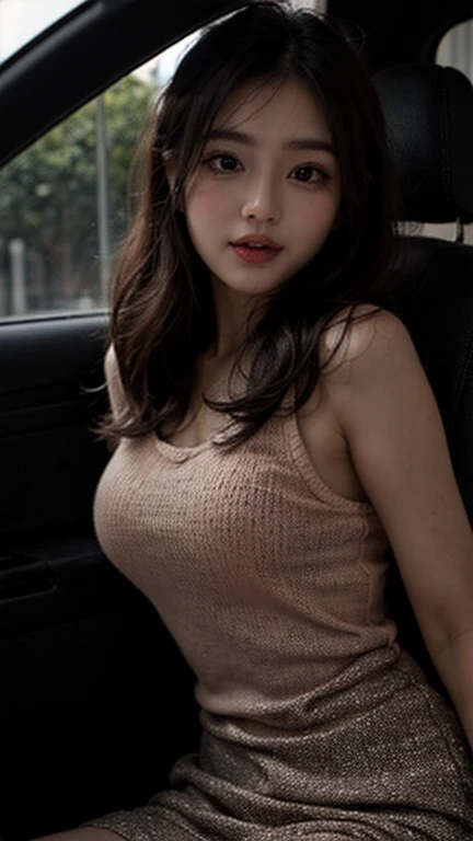 on the table, best quality, illustration, Super detailed, fine details, high resolution, 8k wallpaper, Perfect dynamic composition, Beautiful and delicate eyes, Suspender clothing,medium hair, big breasts, natural color lips, Casual and sexy pose,Smile,inside car，20 year old girl、Lovely