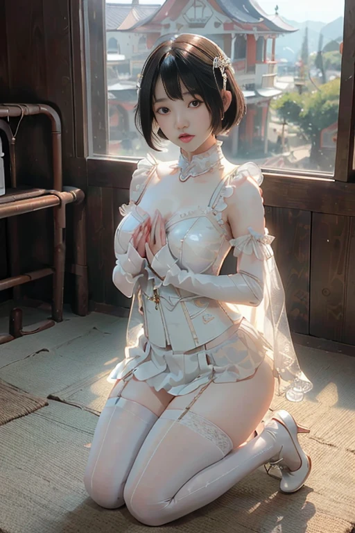 T Masterpiece,best quality,realistically,1 girl,short hair with flat bangs,Stunning innocent symmetry face,Pure Eros Face_v1、Asian girl with delicate face,((White leather corset, bondage fashion、Transparent Panty House、pumps and stockings))、(((kneeling prayer pose、Hands together at the chest、Full view)))
