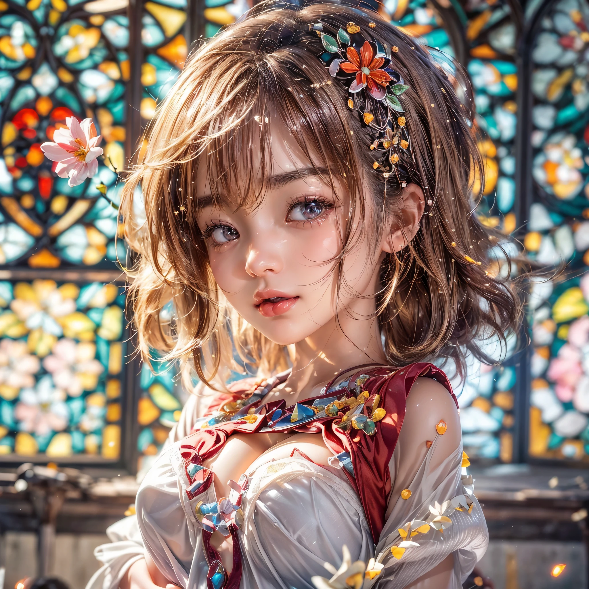 (NSFW:-0.98) . White and Red, (Dazzling colorful light pours down and reflects:1.2), (Physically-based 3D Rendering with incredible detailed Textures), Award-winning Masterpiece of professional Analogue photograpy, Hasselblad Open aperture, (((Realistic and Photorealistic with touch of rawness:1.37))), (((Acutance:0.85), { from below | from side } )) . ((A group photo of many KAWAII girls in (school uniform)) with visible Overflowing Cleavage) and Navel without bra . (((Extremely detailed KAWAII face variations)) with joyful expressions), { Detailed natural eyes with sparkling highlights and long eyelashes | Rosy cheeks | Navel | (pretty Ass) | (Overflowing underboob) | Oiled ivory skin Details | White panties with (blood seeping only in crotch area) | ((full of Flowers covering girl's body:1.15)) | (((Dazzling colorful stained glass with stunning elaborate details:1.2))) | Mystic sight | A Halo ling in the air | God rays | Haze | Lens flare | Luminescent particles | Kissing face to face } . Ultra-detailed, (Exposed:0.8), (((Nipple:-0.9, visible Cleavage))) .