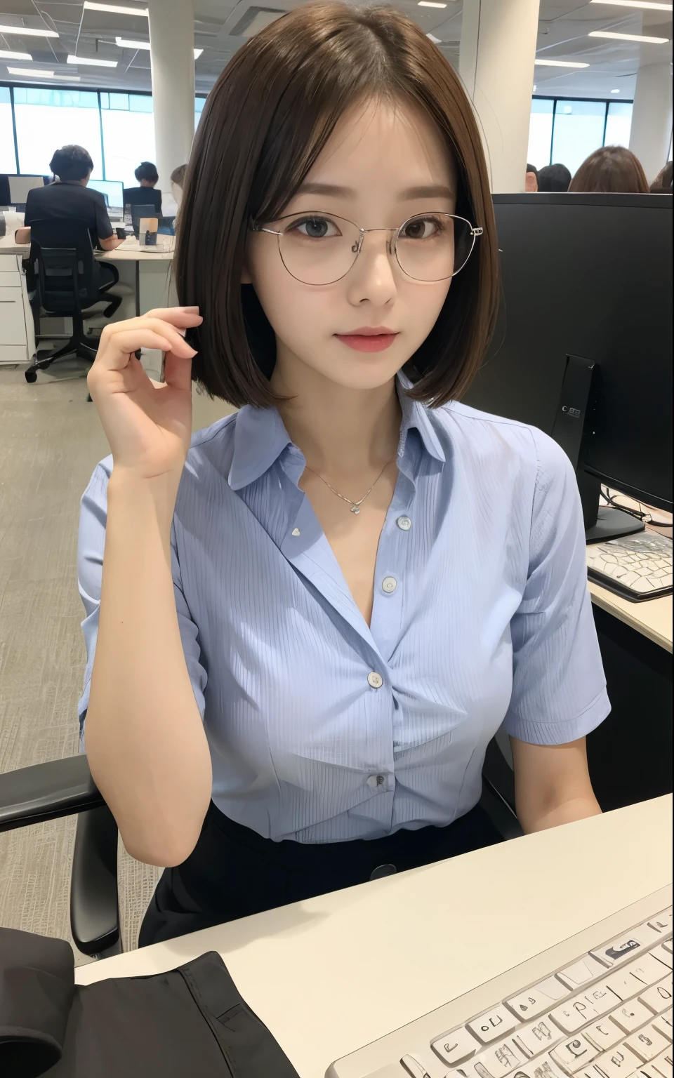 realistic、highest quality、1 girl、chestnut hair,short hair,saliva、,professional lighting、On the wrap、Being in the company、OL、Office Casual、Foliage plant、machine、computer、document、accessories、Glasses with thin silver rimmed、sit cross-legged、