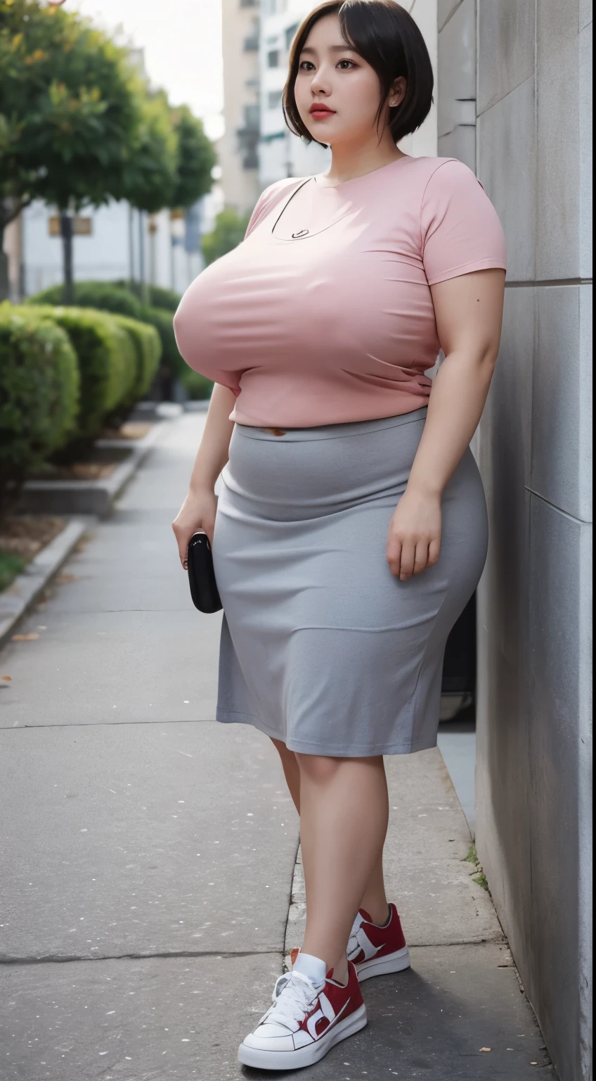 Mature woman, wearing a t-shirts, wearing a thight skirt, chubby face, asian girl, big breast, big arm, big belly, chubby body, big thighs, chubby hips, bob hairstyle, bbwchan, cute girl, big tits, big , sie . Wearing a sneakers .