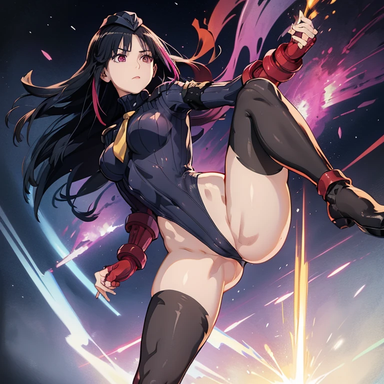 ultra-detailed, Explicit, Beautiful body, Beautiful Nose, Beautiful character design, perfect eyes, perfect face, ultra highres, 4K, beautiful legs, perfect legs, Nice hands, Perfect hand, Masterpiece, Best Quality, Highly detailed, illustration, absurdres, perfect anatomy, street fighter, doll suit, shadaloo doll, dollsuit, expressionless, blank eyes, looking at viewer, red gloves, emotionless, black latex, corrution, mind control, female combatant, full body, hypnotized, unhappy trance, full body suit, ribbed bodysuit, both arms at side, obey, perfect female body, extremely glossy latex, hypnosis, hypnoLora, empty eyes, Mind control device, poses, submissive_pose, Slave, hat, necktie, stand up straight, standing, standing at attention, hat, necktie, belt, latex, ribbed bodysuit, thighhighs, garter belt, Fighting Stance, extending the right arm from the shoulder into the air with a straightened hand, military, thigh boots, 1girl, Solo, rouge redstar, 1girl, long hair, black hair, streaked hair, blunt bangs, pink eyes