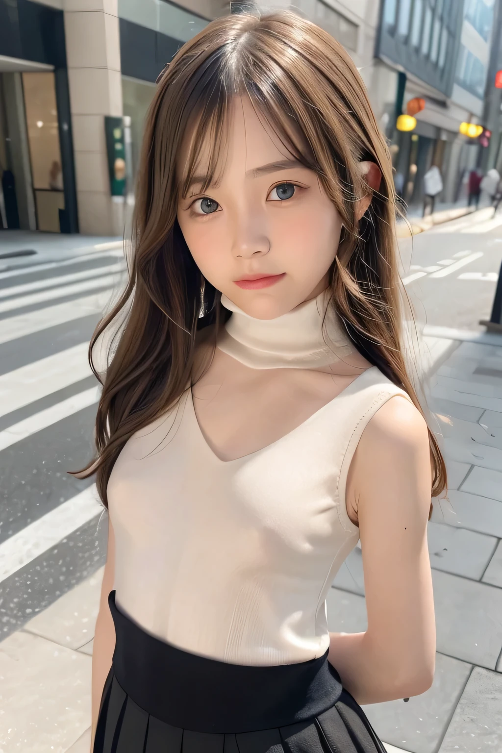 pieces fly、masterpiece、highest quality、Super detailed、High resolution、High resolution、8K portrait、unity 8k wallpaper、Detailed CG、unity 8k wallpaper、Detailed CGユニティ8kの壁紙、realistic、real person、portrait photography、shiny skin、(20-year-old:1.2)、(cute:1.2)、High resolution、beautiful clear eyes、very detailed explanation、delicate face、cute face、nice lips、thin waist、thin legs、(small face:1.4)、1 girl、(Shopping mall:1.2)、((flat chest:1.8))、(Sleeveless turtleneck knit:1.6)、(pleated skirt:1.3)、(Braless nipples:1.8)、(big smile:1.2)、(stop temporarily:1.2)、(small breasts:1.8)、(eight-headed body:1.4)、(wavy hair:1.2)