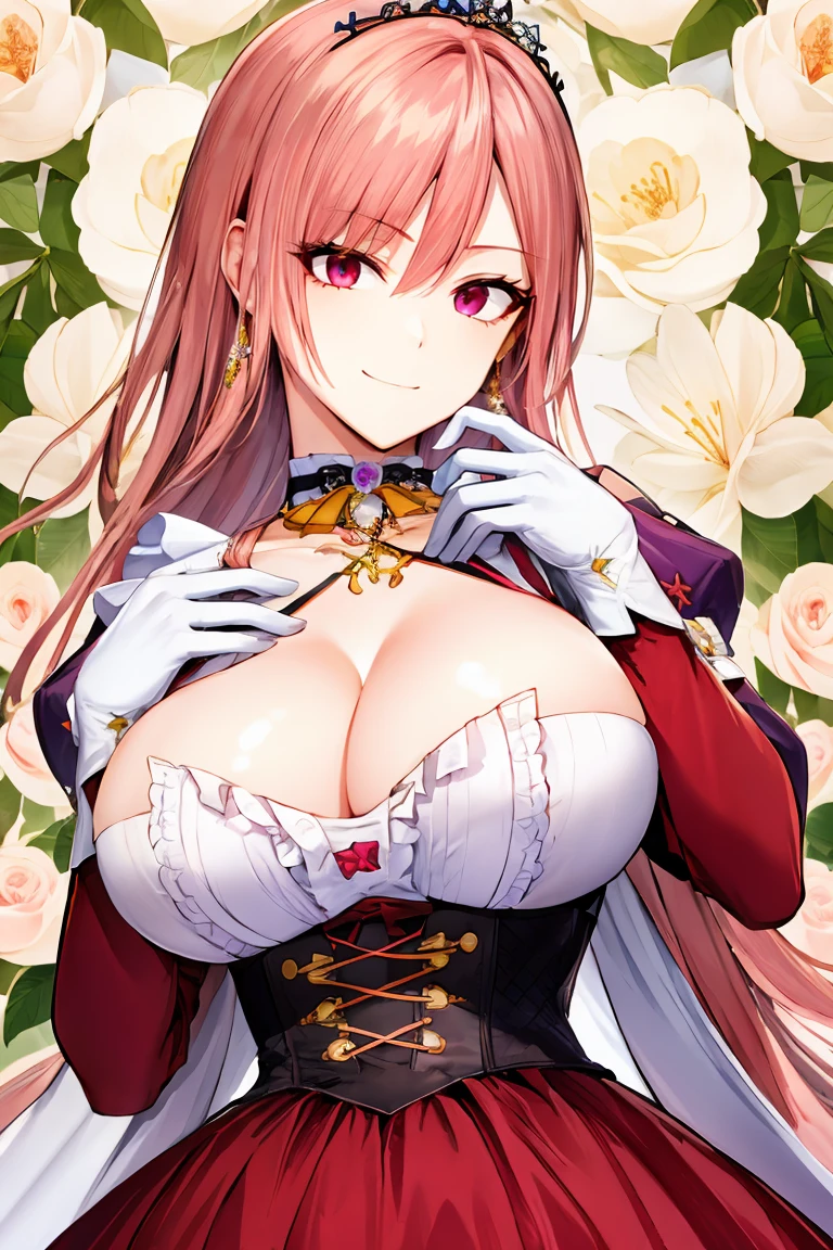 shoujo-style, jk style, (floral background), romance manhwa, (honoka), 1girl, solo, braid, flower, dress, tiara, white dress, gloves, long sleeves, choker, mascara, makeup, white gloves, black bow, black flower, bow, jewelry, looking at viewer, collarbone, cleavage, huge breast, gigantic breast, puffy sleeves, silver accessories, upper body, bangs, pink dress, frills, closed mouth, detailed eyes, smile