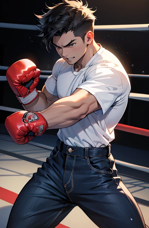 ((highest quality))、((８K))、((High resolution))、((masterpiece))、((Super detailed))、((anime style))、a handsome guy、Handsome young man in anime、((Looking at the camera from the side))、((standing))、(muscular)、medium sized build、medium height、((Boxing Fighting Poses:1.4))、uneven black hair、Black eyes reminiscent of darkness、A gaze filled with the intention to kill the enemy、（Sharp, strong and well-defined eyes）、natural eyebrows、very short hair、Unruly hair waving、fearless smile、sharp canine teeth like a beast、plain black athletic t-shirt、dark blue jeans、wind blowing、street fight