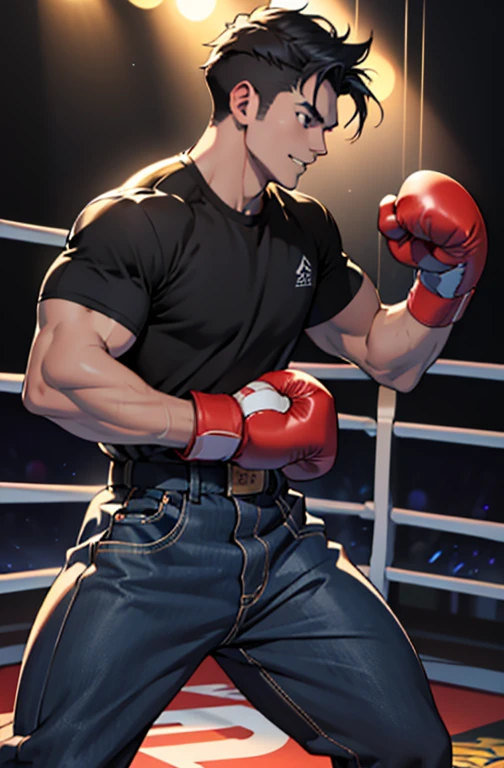 ((highest quality))、((８K))、((High resolution))、((masterpiece))、((Super detailed))、((anime style))、a handsome guy、Handsome young man in anime、((Looking at the camera from the side))、((standing))、(muscular)、medium sized build、medium height、((Boxing Fighting Poses:1.4))、uneven black hair、Black eyes reminiscent of darkness、A gaze filled with the intention to kill the enemy、（Sharp, strong and well-defined eyes）、natural eyebrows、very short hair、Unruly hair waving、fearless smile、sharp canine teeth like a beast、plain black athletic t-shirt、dark blue jeans、wind blowing、street fight