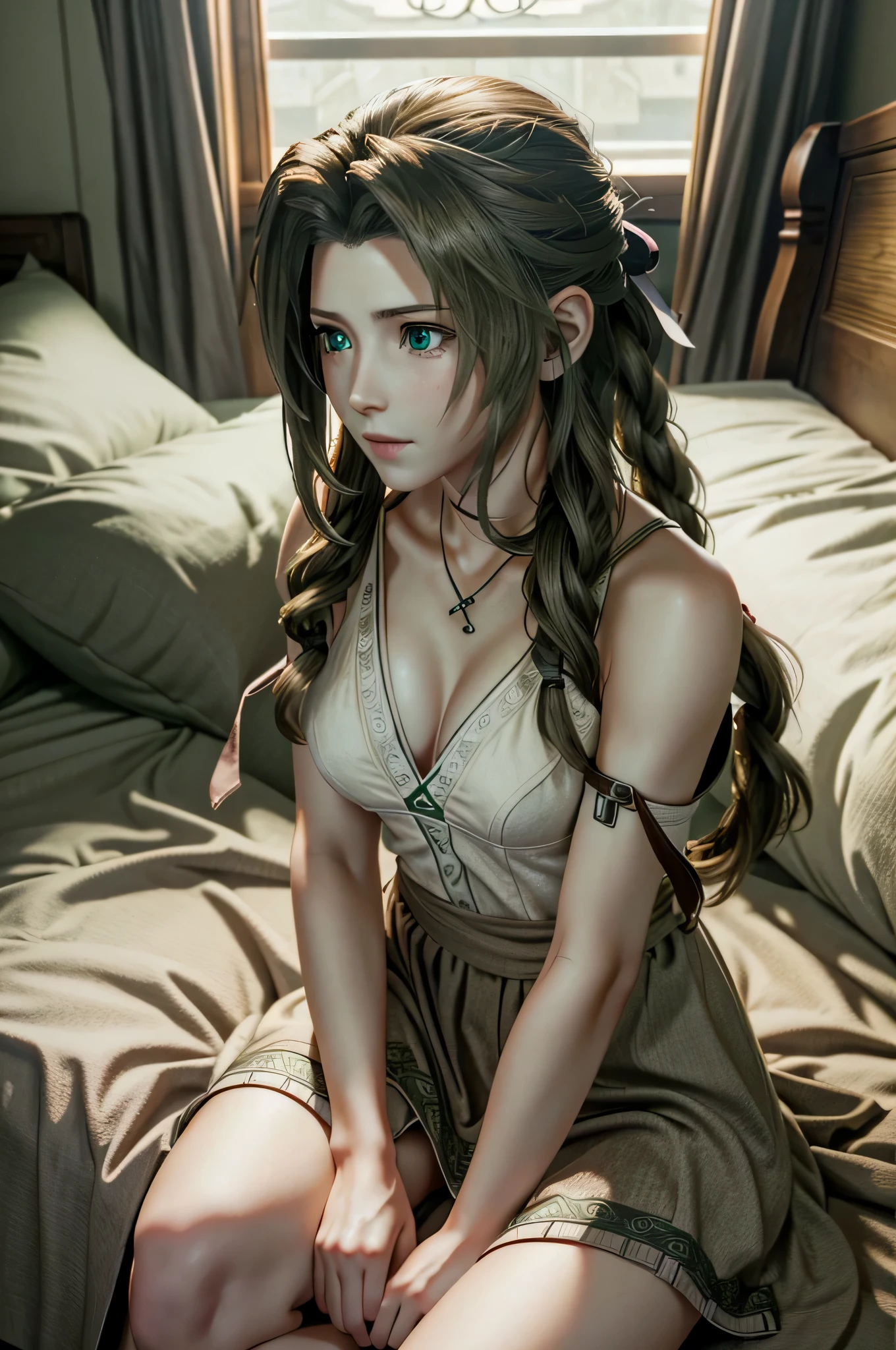 ((ultra detailed, masterpiece, best quality)) FF7Aerith, 1girl, solo, single braid, green eyes, brown hair, sit on bed