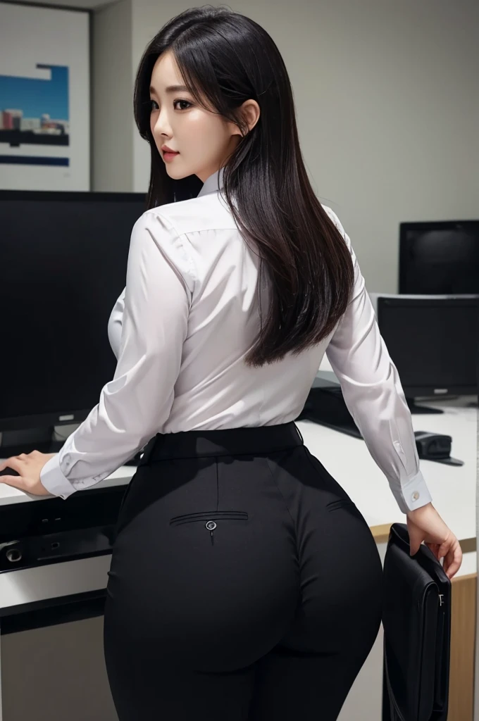 Super Beautiful Office Lady、(Plump ass)、Y shirt、 Black suitpants、posterior view、(((ultra best quality, ​masterpiece))), (((ighly detailed)))