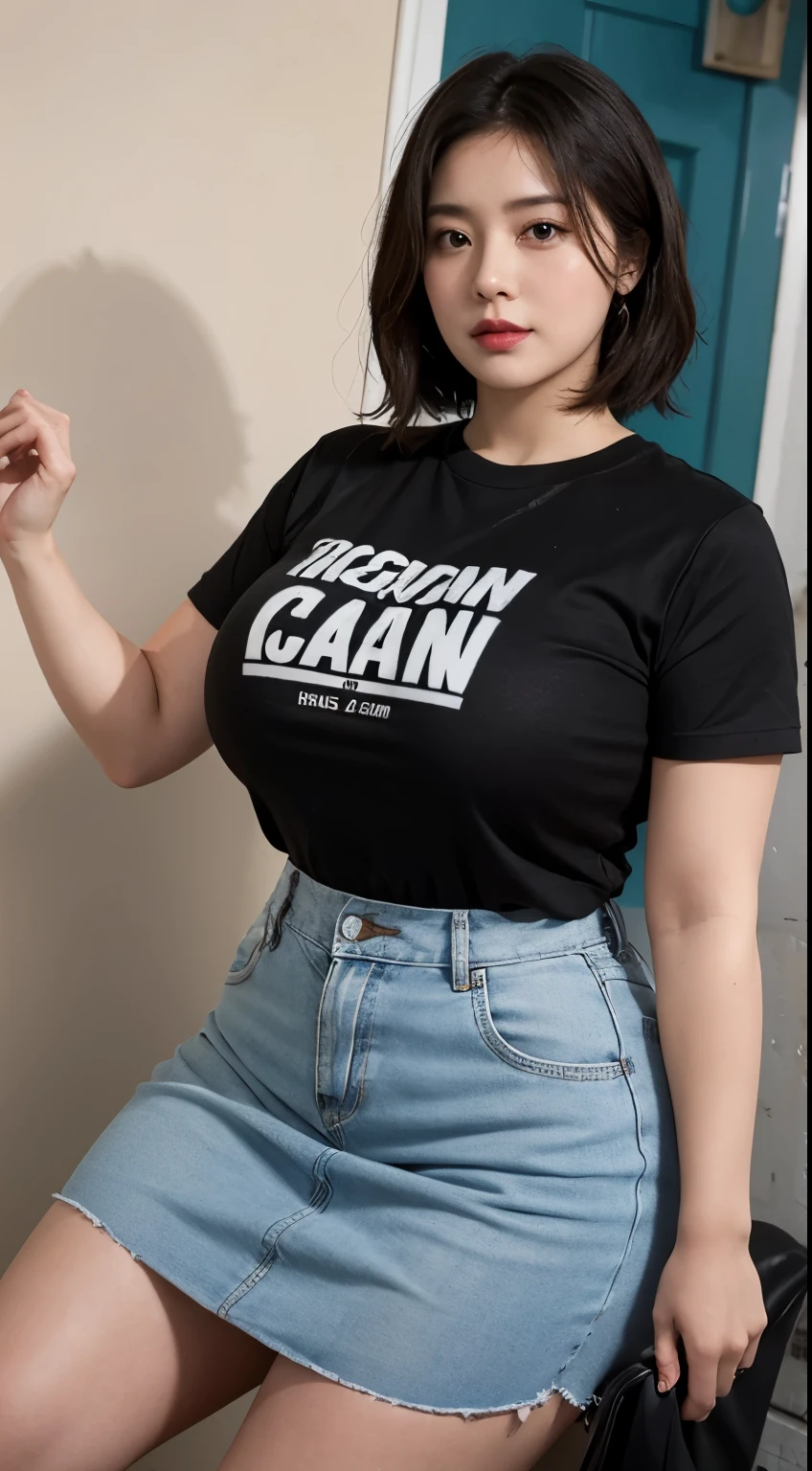 Mature woman, wearing a t-shirts, wearing a thight skirt, chubby face, asian girl, big breast, big arm, big belly, chubby body, big thighs, chubby hips, bob hairstyle, bbwchan, cute girl, big tits, big , sie . Wearing a sneakers .