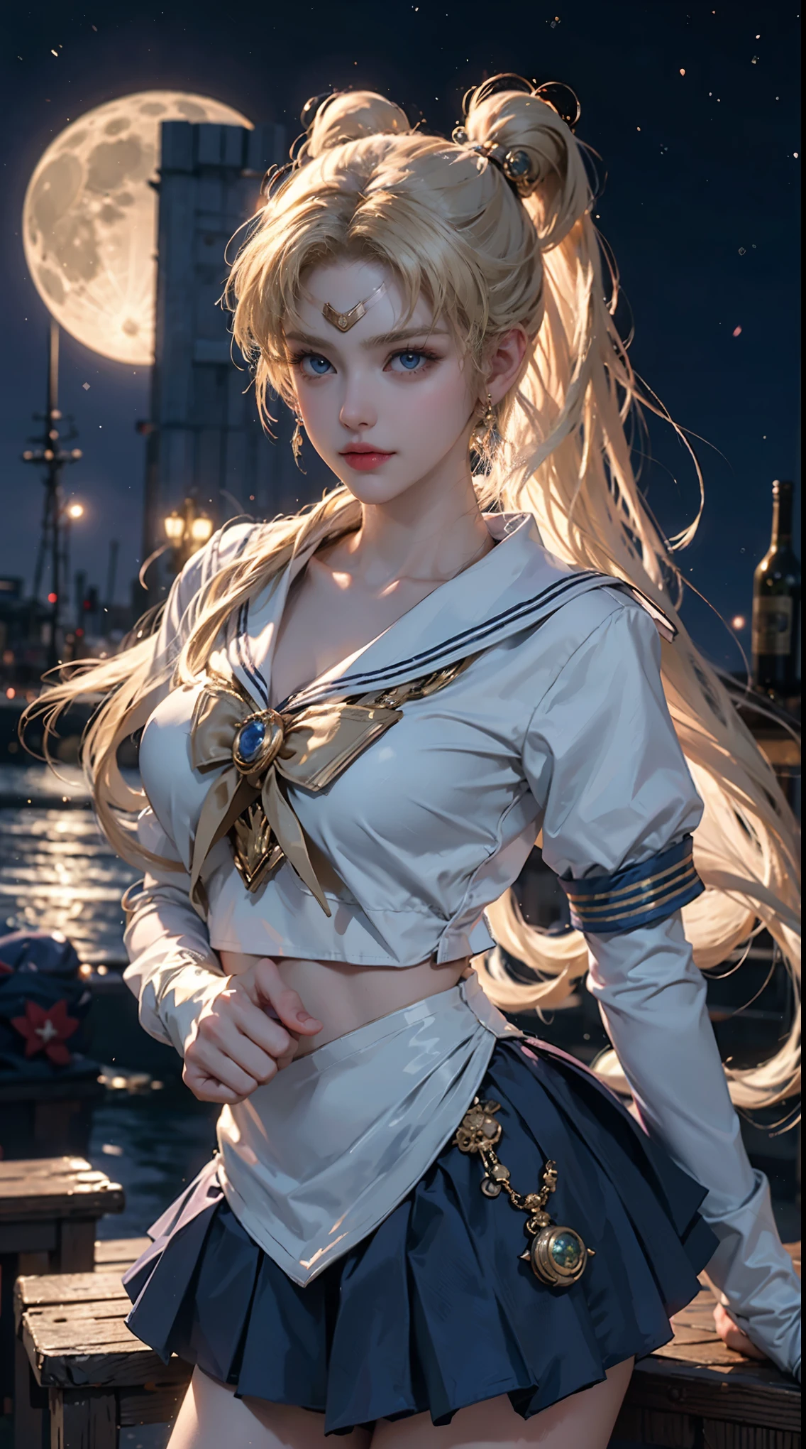 ((masterpiece)), (best quality), (Super details), ((Very detailed)), 4K, (8k), Sailor Moon, Long blonde, double ponytail, Mariner Moon, dream core, coated school shirt,  big breasts