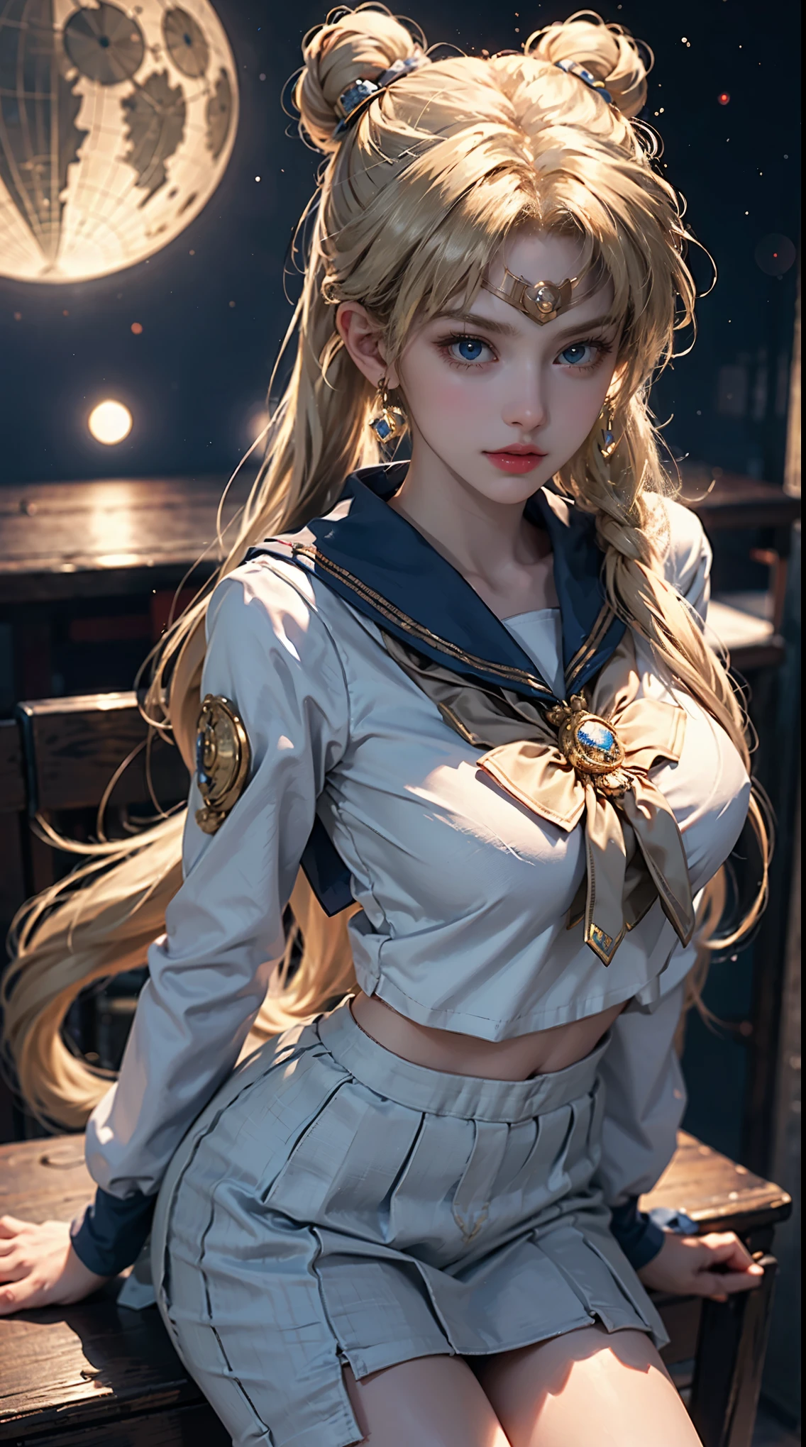 ((masterpiece)), (best quality), (Super details), ((Very detailed)), 4K, (8k), Sailor Moon, Long blonde, double ponytail, Mariner Moon, dream core, coated school shirt,  big breasts