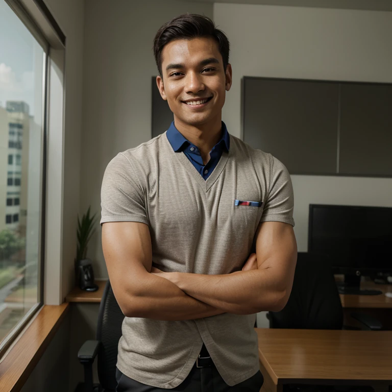 Man, Office, profile pic, suit, look at the camera, smile, neat haircut, Malaysia, facing the camera, Arms crossed in front of the chest